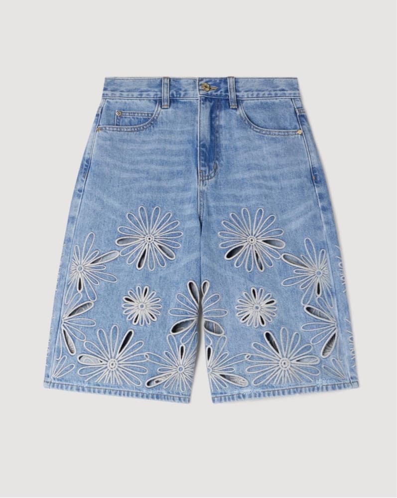 SANDRO Flower Cut-Out Denim Shorts - Image 1