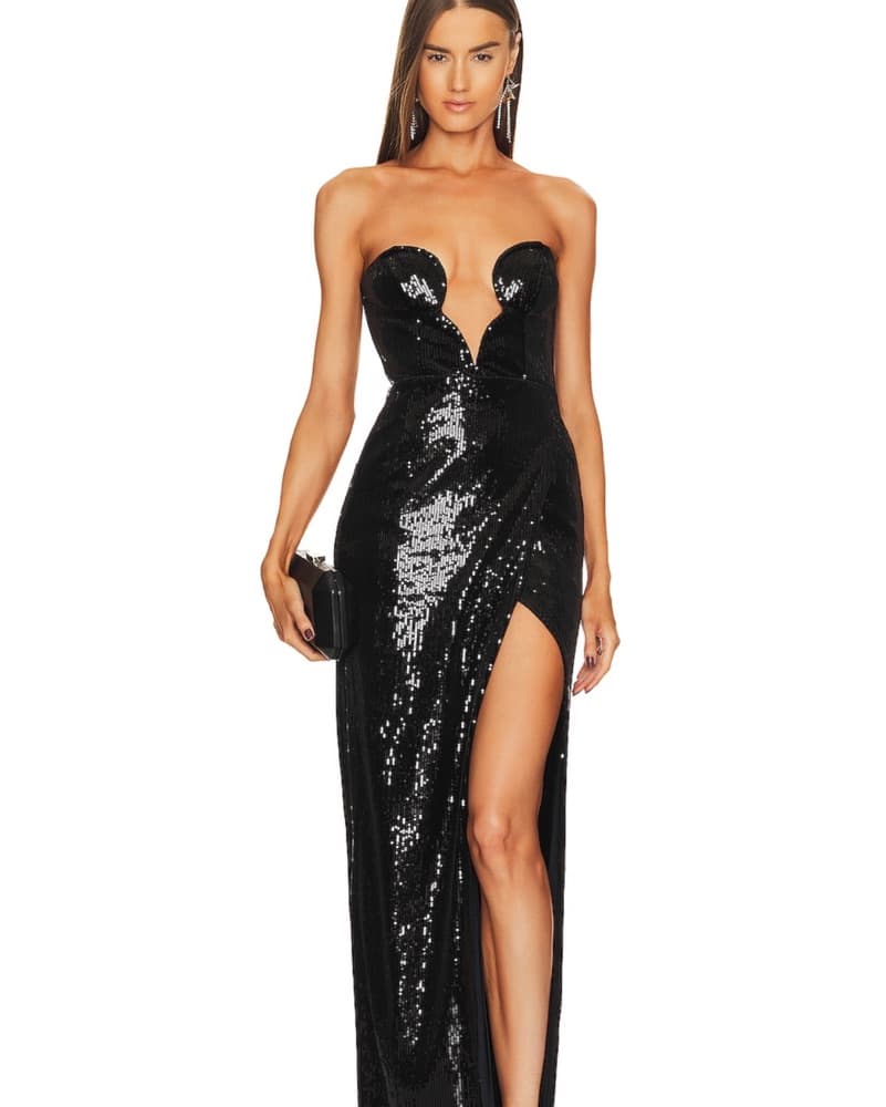 Michael Costello Black Sequin Strapless Maxi Dress - Image 1