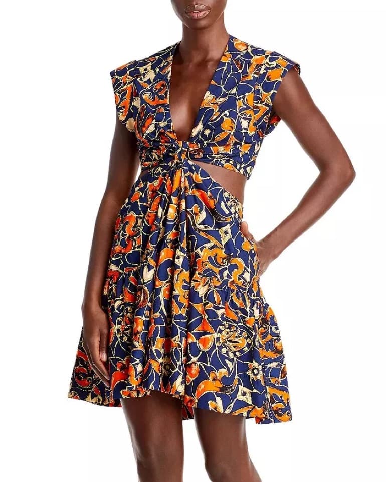 Navy/Orange Print Open Back/Side Dress - Image 1