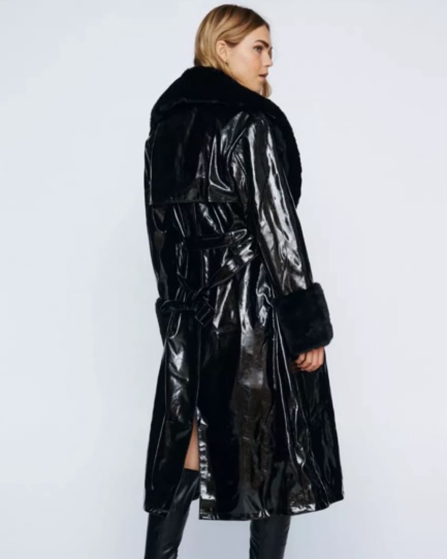 Faux Fur Collar Vinyl Trench - Image 4