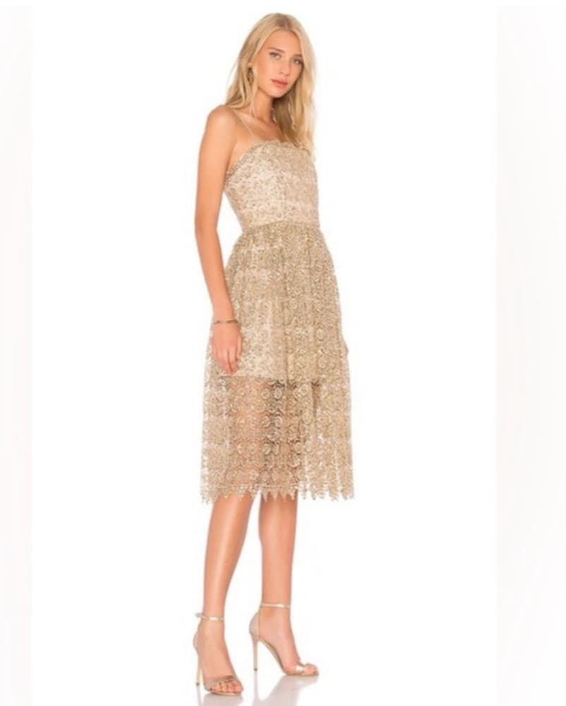 Alice + Olivia Midi Alma Sequin Gold Lace Dress - Image 3