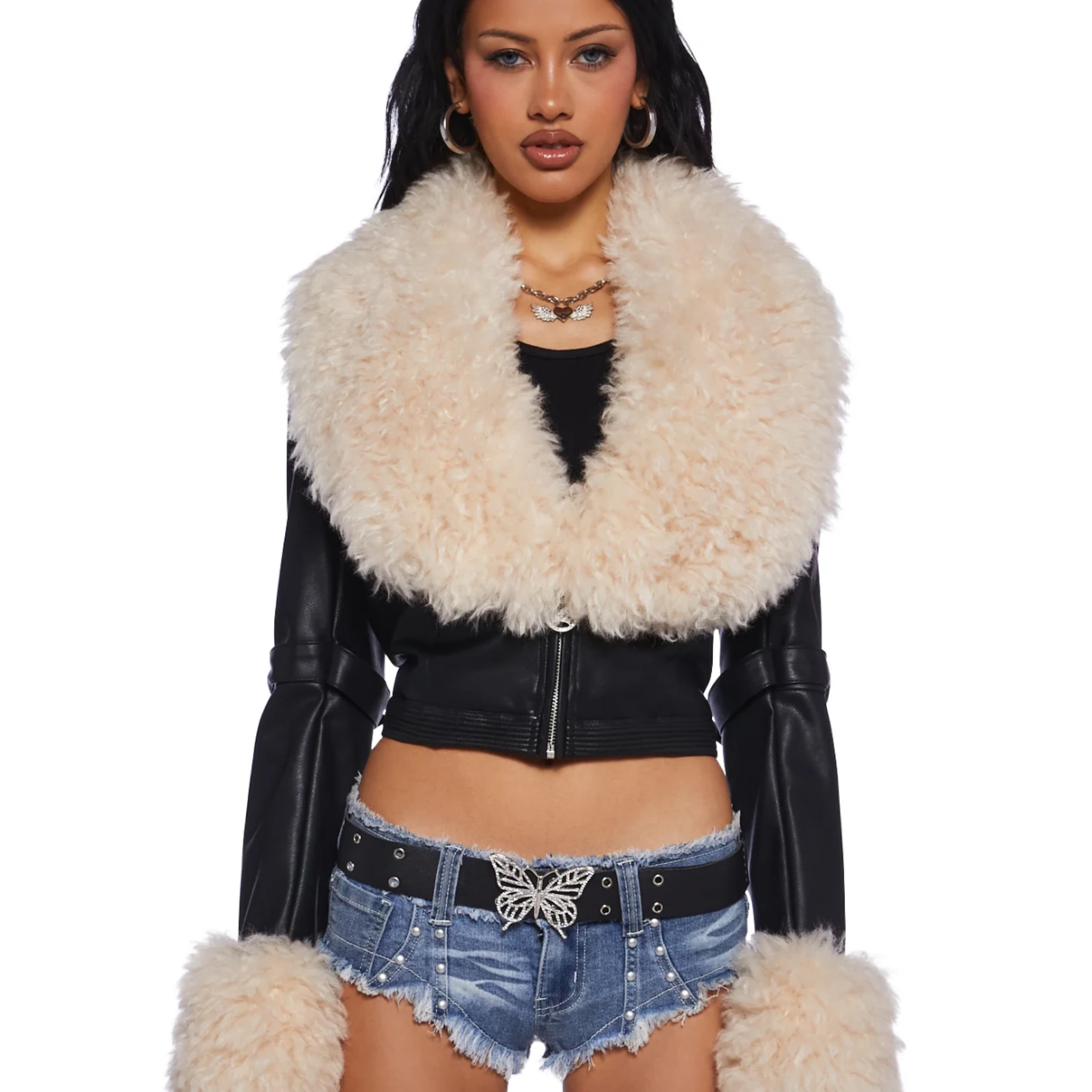 Fur Trim Leather Jacket - Image 1