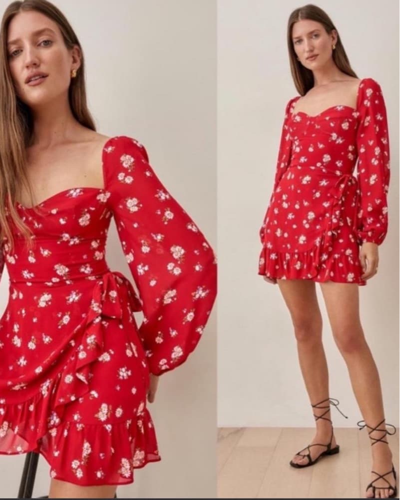 Reformation Red Floral Sweetheart Dress - Image 4