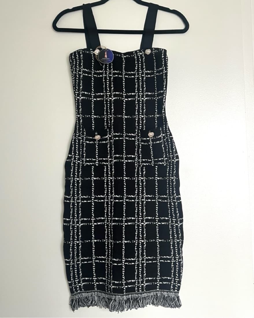 Peach Pilé Bodycon Hownstooth Dress - Image 1