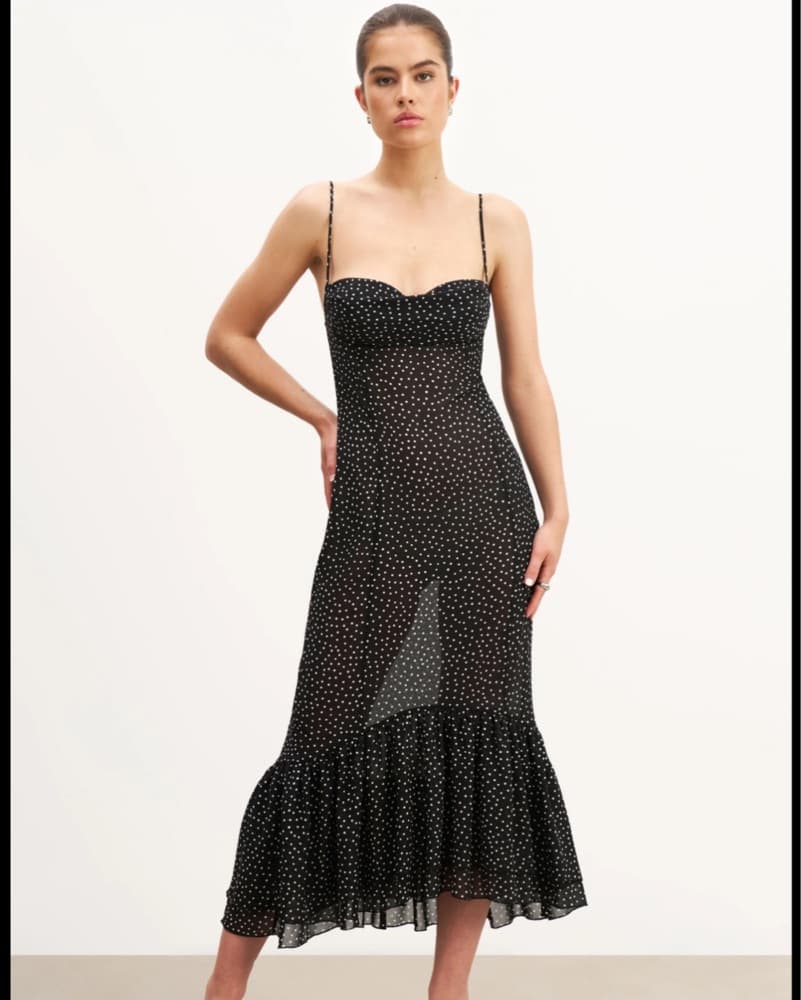 BOA Chiffon Ruffle Semi Sheer Midi Dress - Image 1