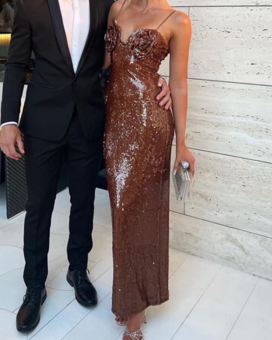 Brown Sequin Maxi Dress / Gown With Rose - Image 1