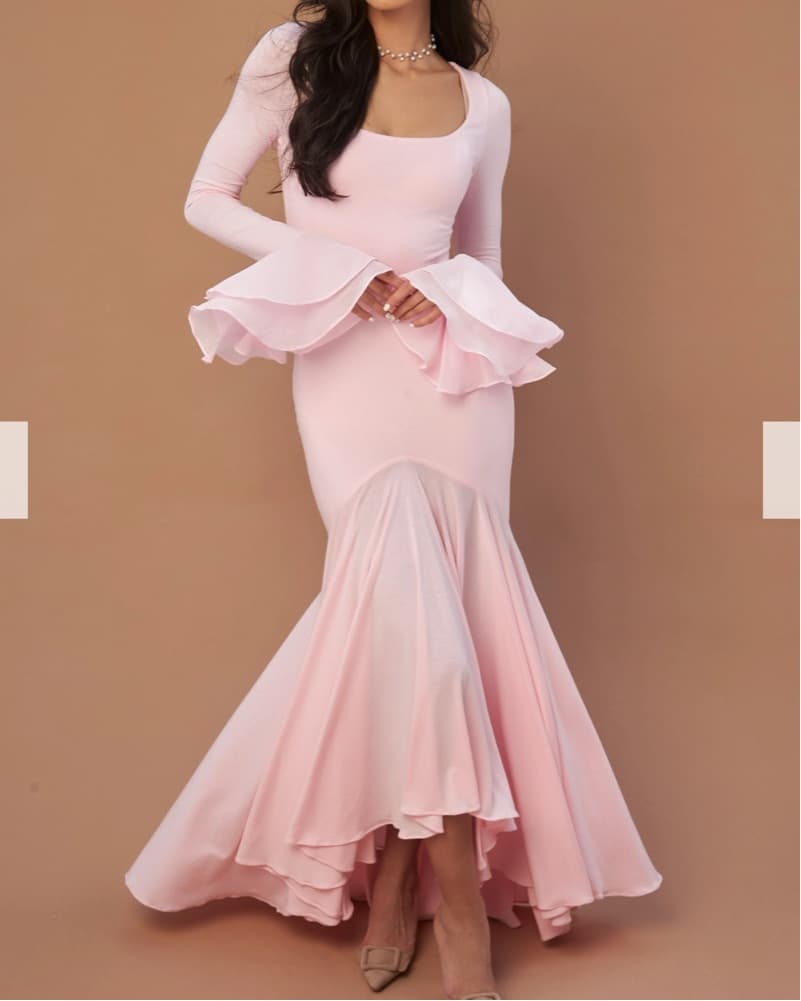 Elegant Ruffle Hem Mermaid Gown Pink  - Image 1