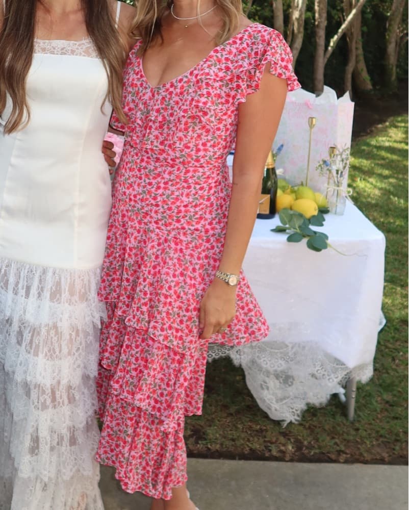 Bright PINK Floral Ruffle Midi Dress - Image 2
