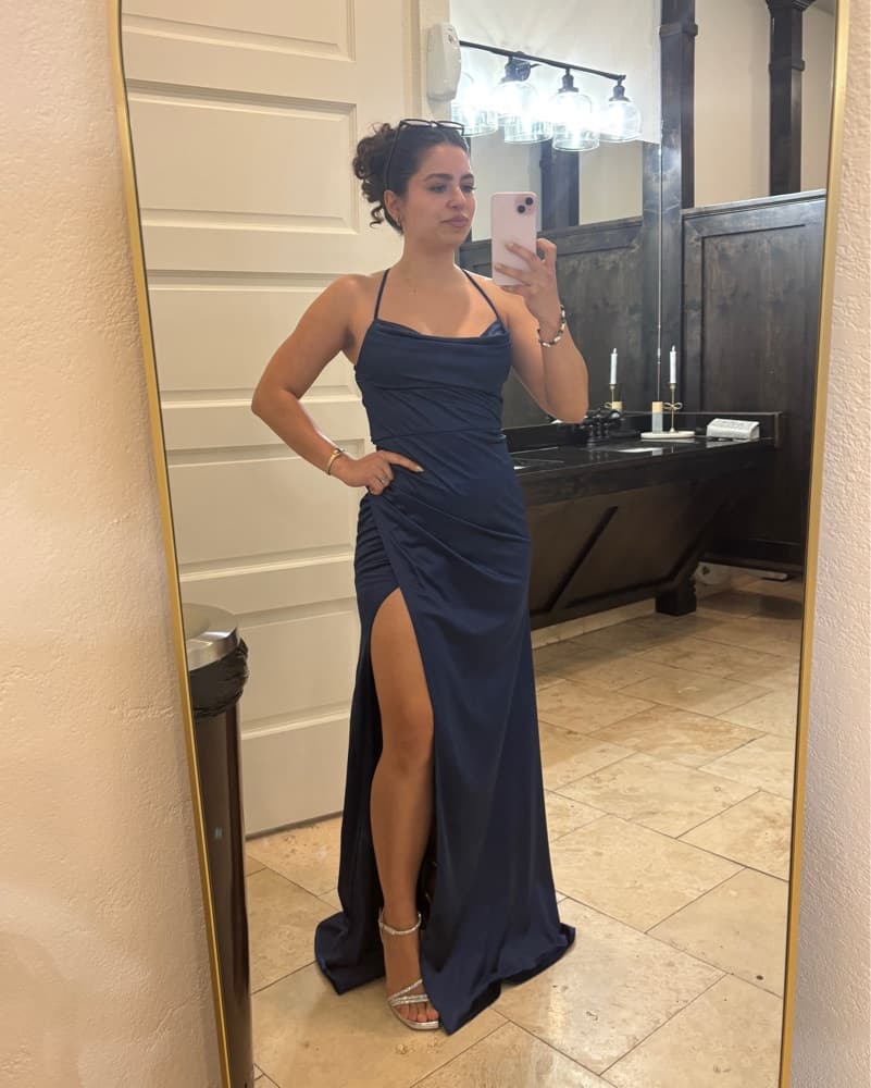 Navy Blue Satin Lace-Up Formal Dress - Image 1