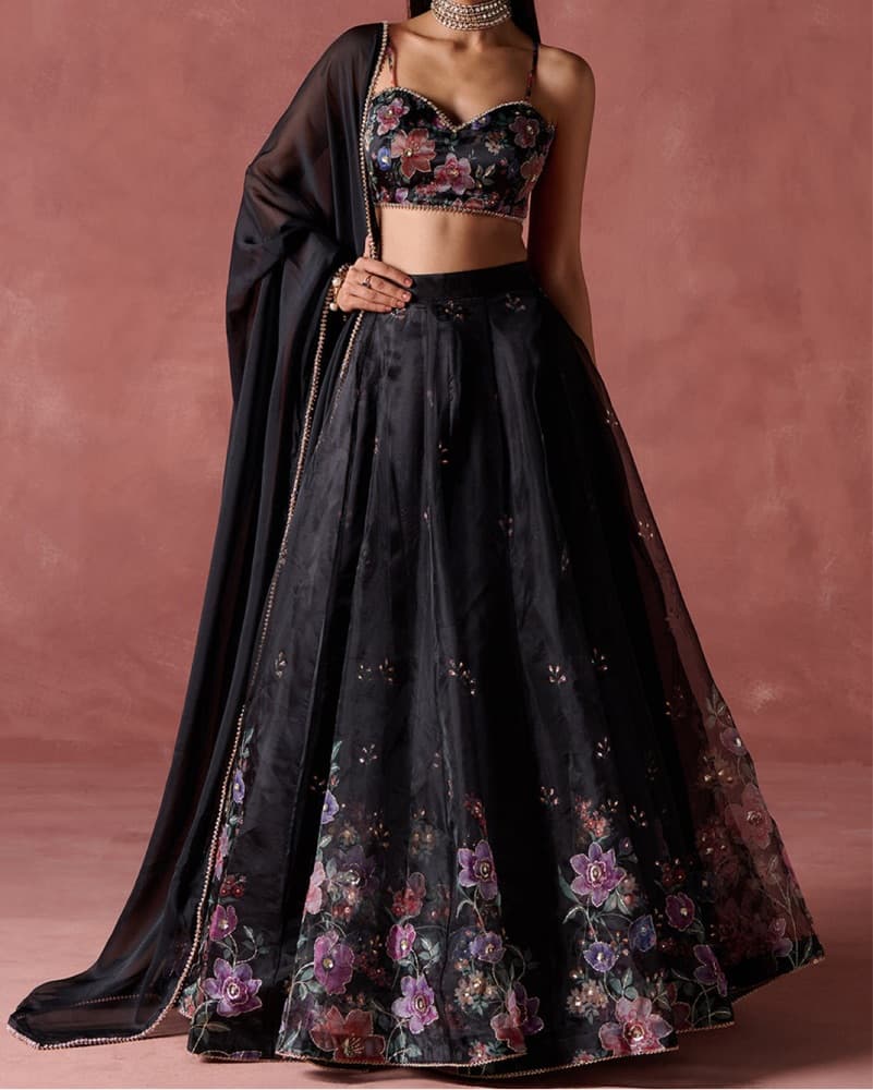 Black Floral Printed Organza Lehenga - Image 2