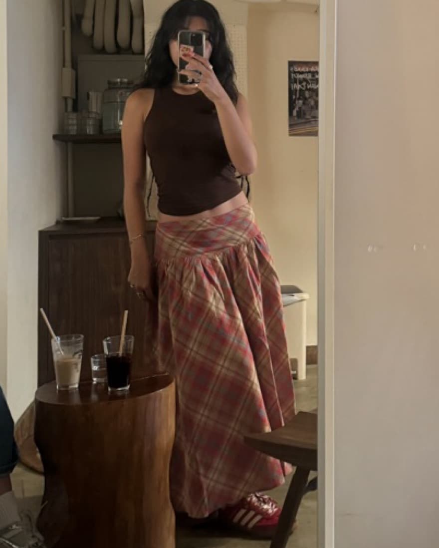 Red drop waist plaid maxi skirt - Image 1