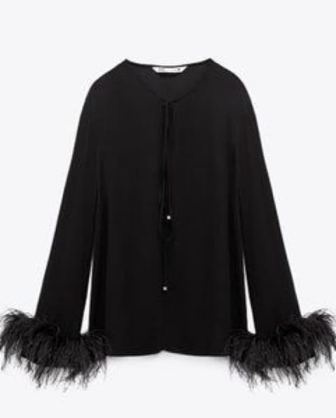 Feather Trim Black Blouse  - Image 2