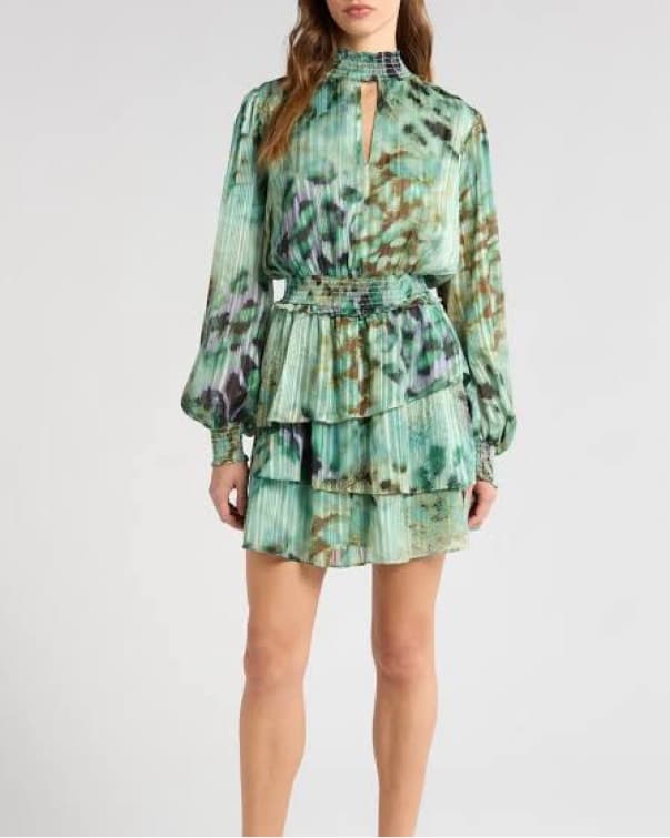 Print Metallic Smocked Long Sleeve Minid - Image 1