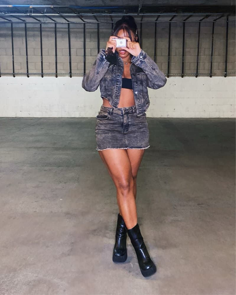 Edgy Denim Crop Jacket and Mini Skirt Set - Image 1