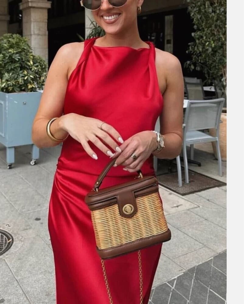 Striking Red Satin Maxi Dress - Image 2
