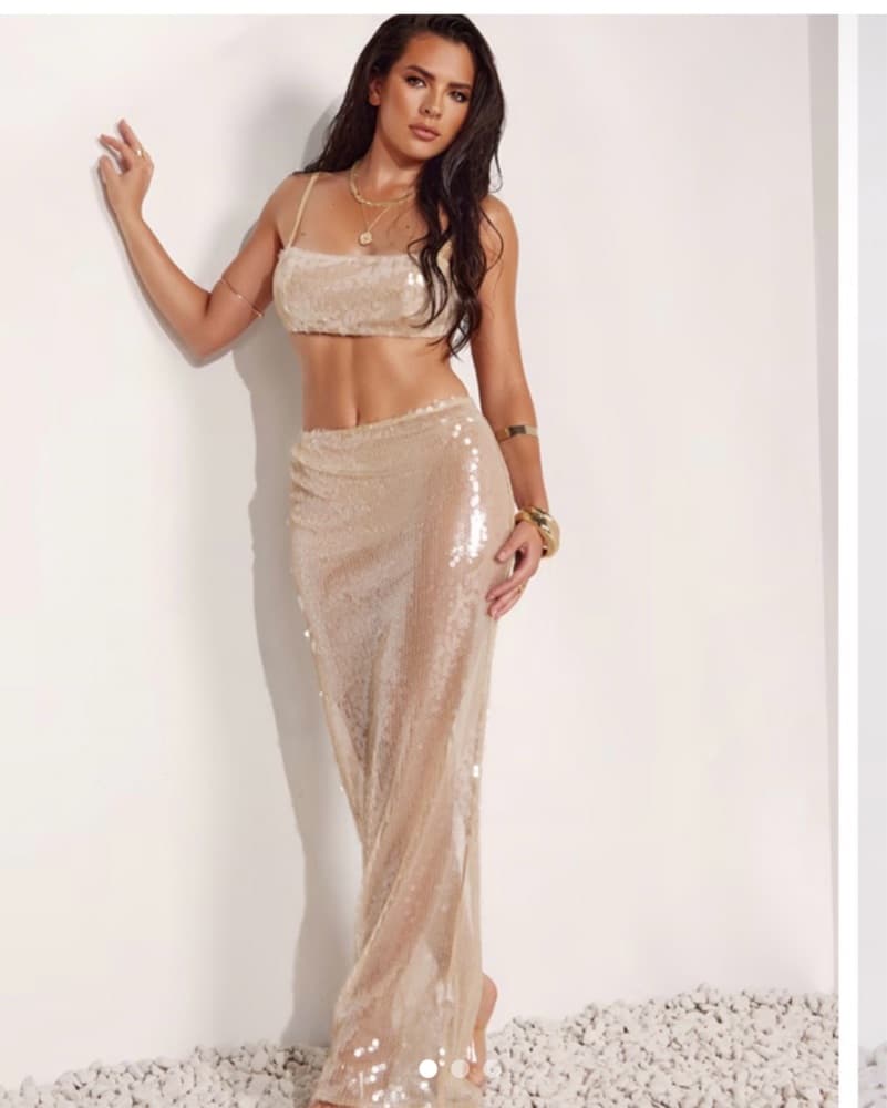 Nude Sequin Crop Top And Maxi Skirt Set  - Image 1