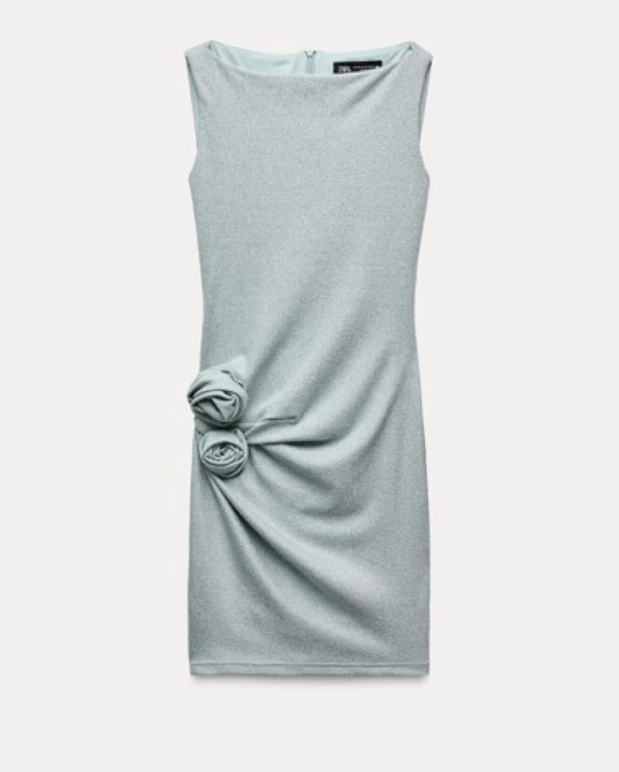 Metallic Blue Mini Dress W Raised Flower - Image 1