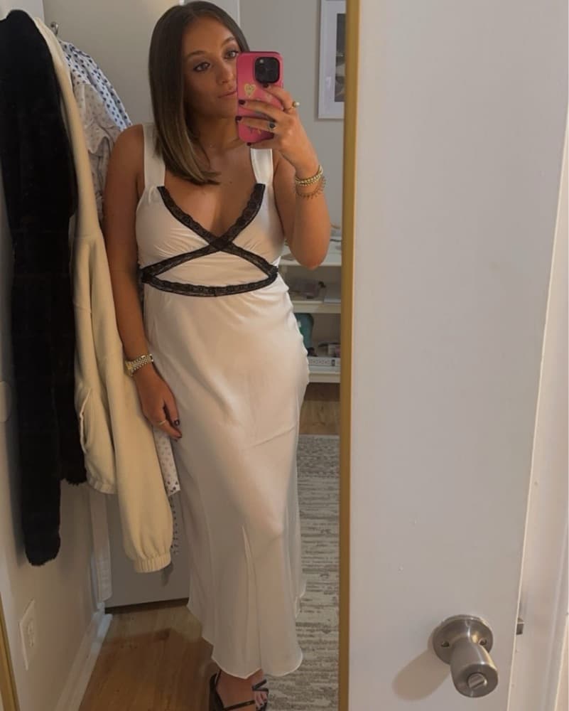 White Dress With Black Lace Detail - Image 2