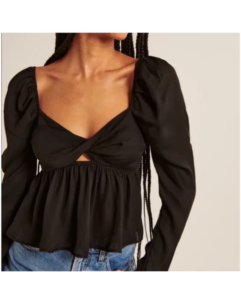 Chic Black Puff-Sleeve Peplum Top - Image 1