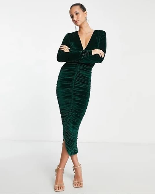Rare London Velvet Plunge Ruched Midi - Image 3