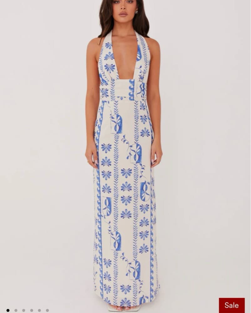 Sky Linen Maxi Dress - Floral Wave - Image 1