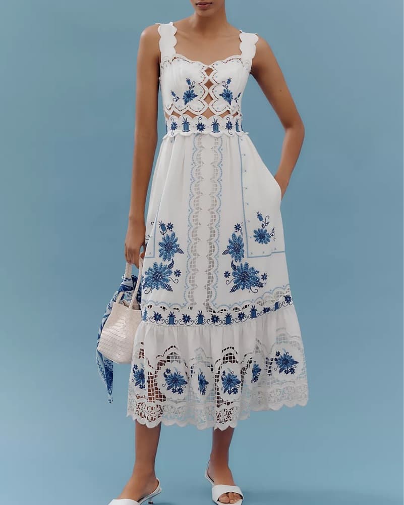 Farm Rio Cross-Stitch Richelieu Linen Dress - Image 2