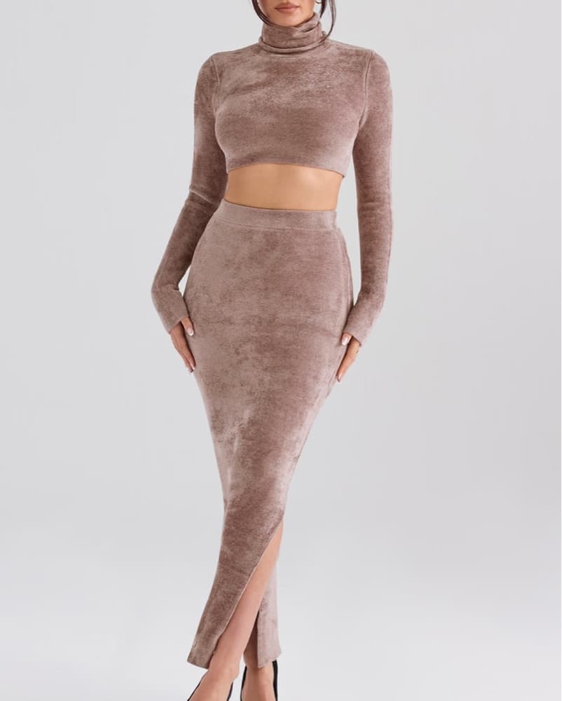 Cozy Taupe Knit Crop Top and Midi Skirt Set - Image 1