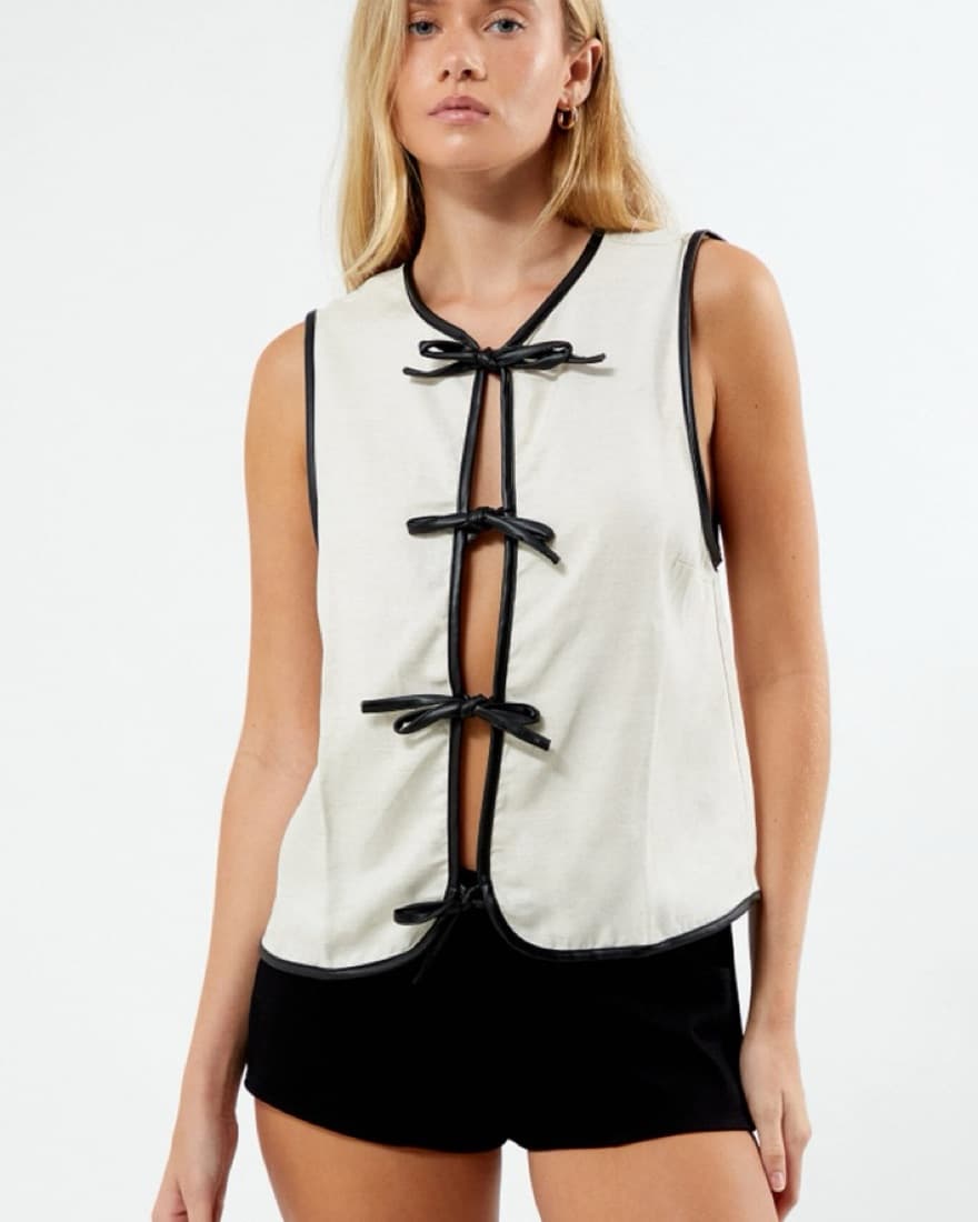 WeWoreWhat Leather Linen Tie Front Vest - Image 1