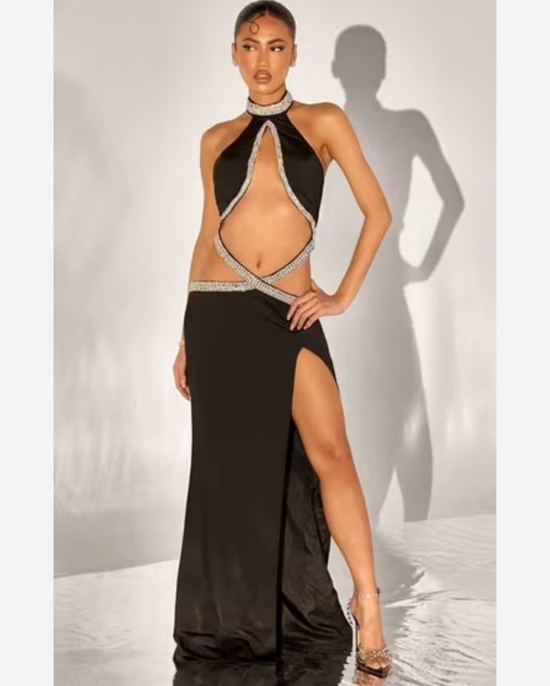 Black Rhinestone Straps Cutout Gown  - Image 1