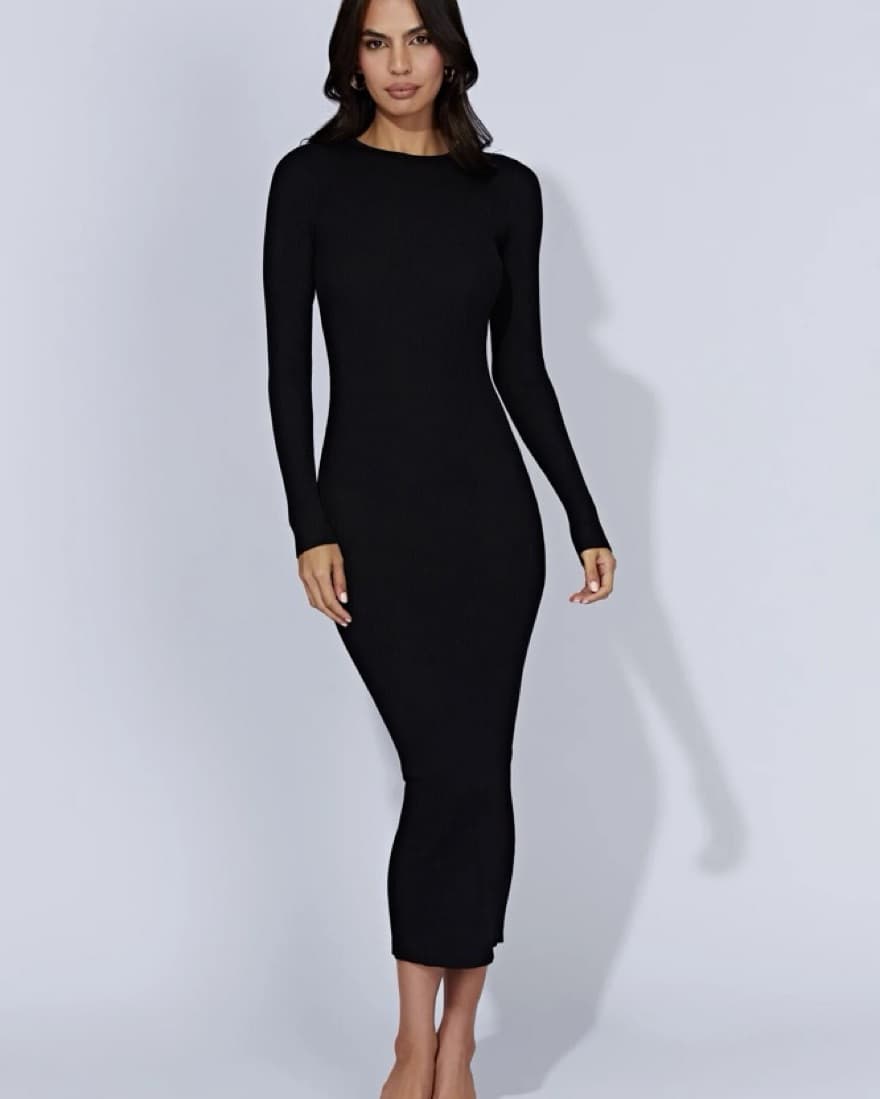 Black  Long Sleeve Knit  Midi Dress  - Image 1