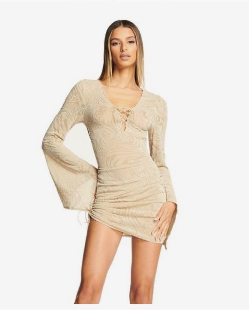 I AM GIA Elegant Beige Ruched Mini Dress - Image 1