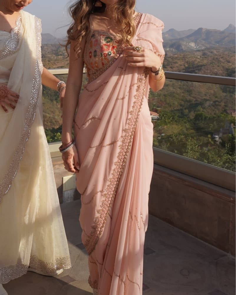 Elegant Floral Embroidered Pastel Saree - Image 2