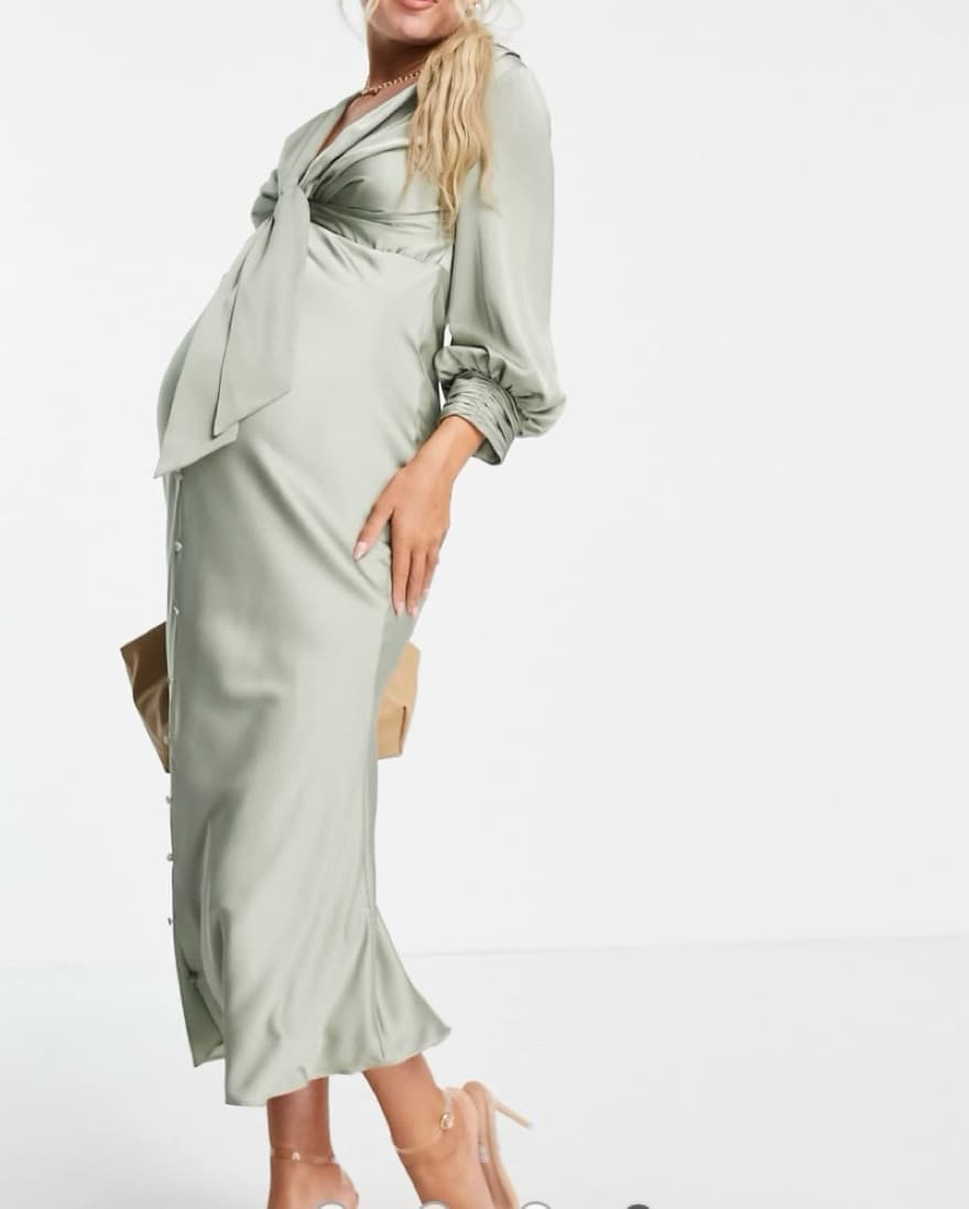 Maternity satin tie front midi dress  - Image 3