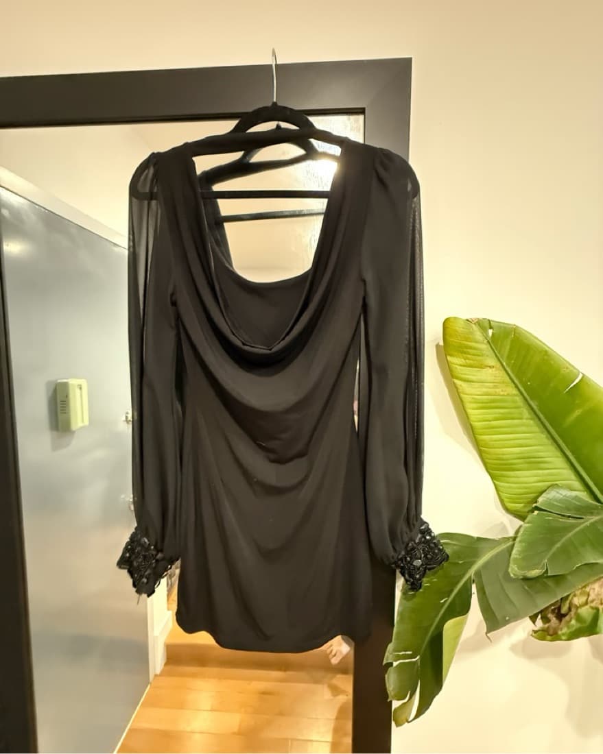 Elegant Black Chiffon Dress with Beaded Cuffs - Image 2