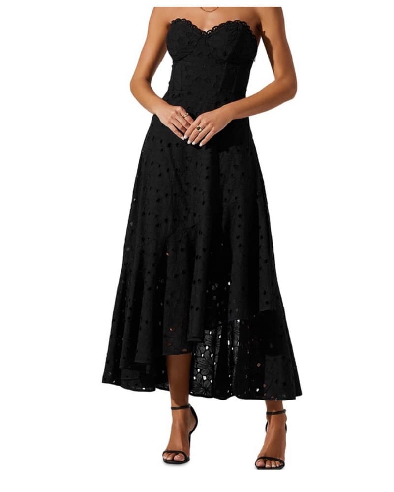 ASTR Strapless Black Eyelet Dress - Image 1