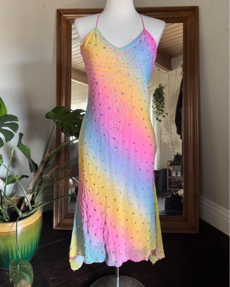 Vintage y2k Pastel Rainbow Sequin Dress - Image 1