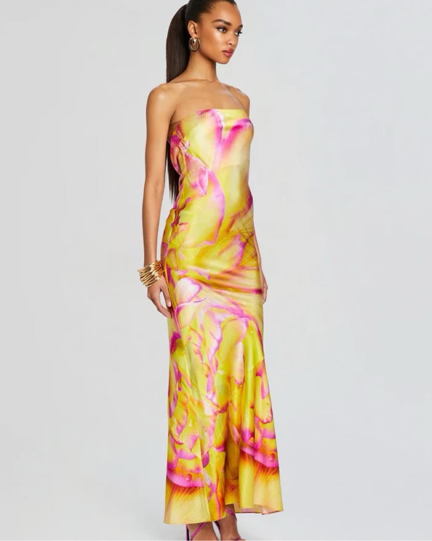 Retrofete Yellow Pink Printed Strapless Maxi Dress - Image 3