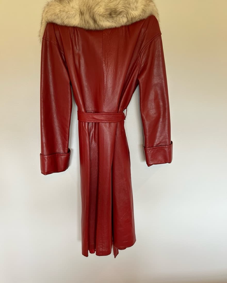 Red Leather Fur Coat Vintage Oversized  - Image 2
