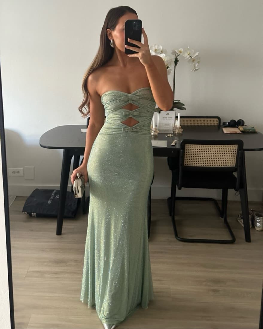 Rhinestone Strapless Gown in Green - Image 1