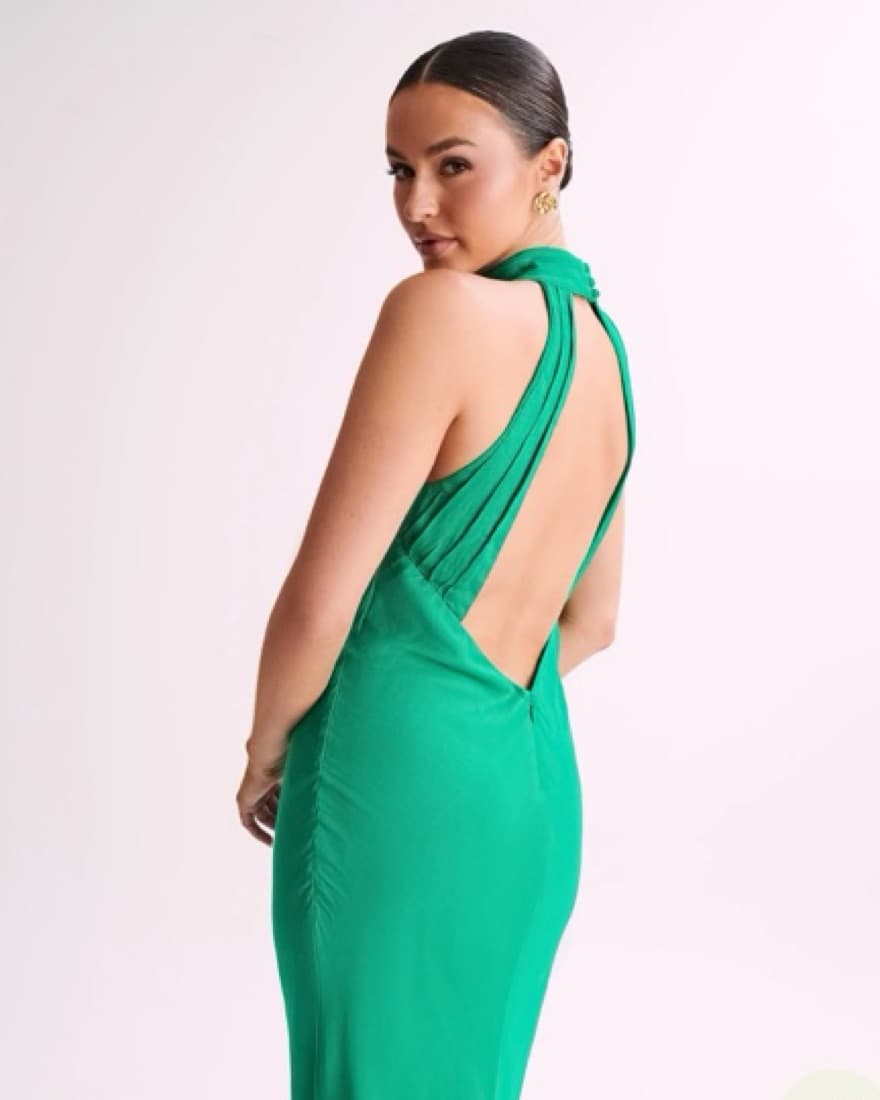 MESHKI High Neck Low Back Emerald Dress - Image 4