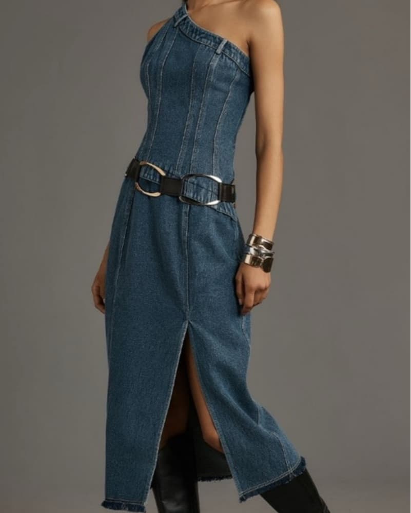 Anthro Denim One-Shoulder Dress - Image 1