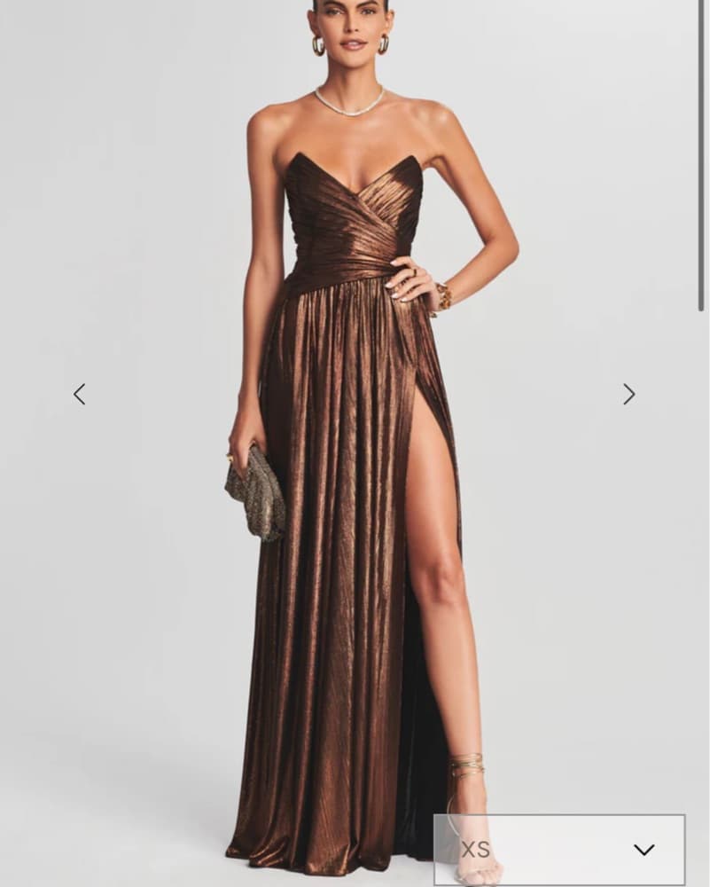 Elegant Metallic Gown with Thigh-High Slit - Image 1