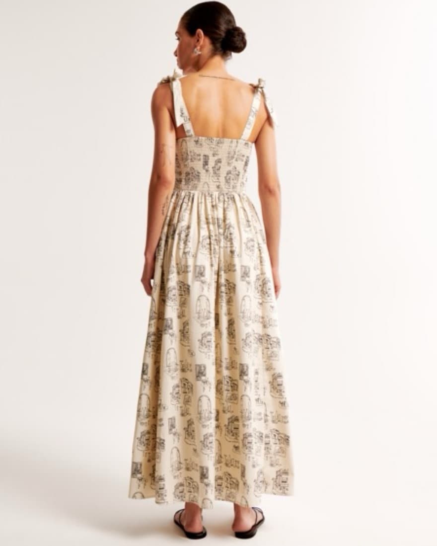 Cream Gray Pattern Tie Strap Maxi Dress - Image 2