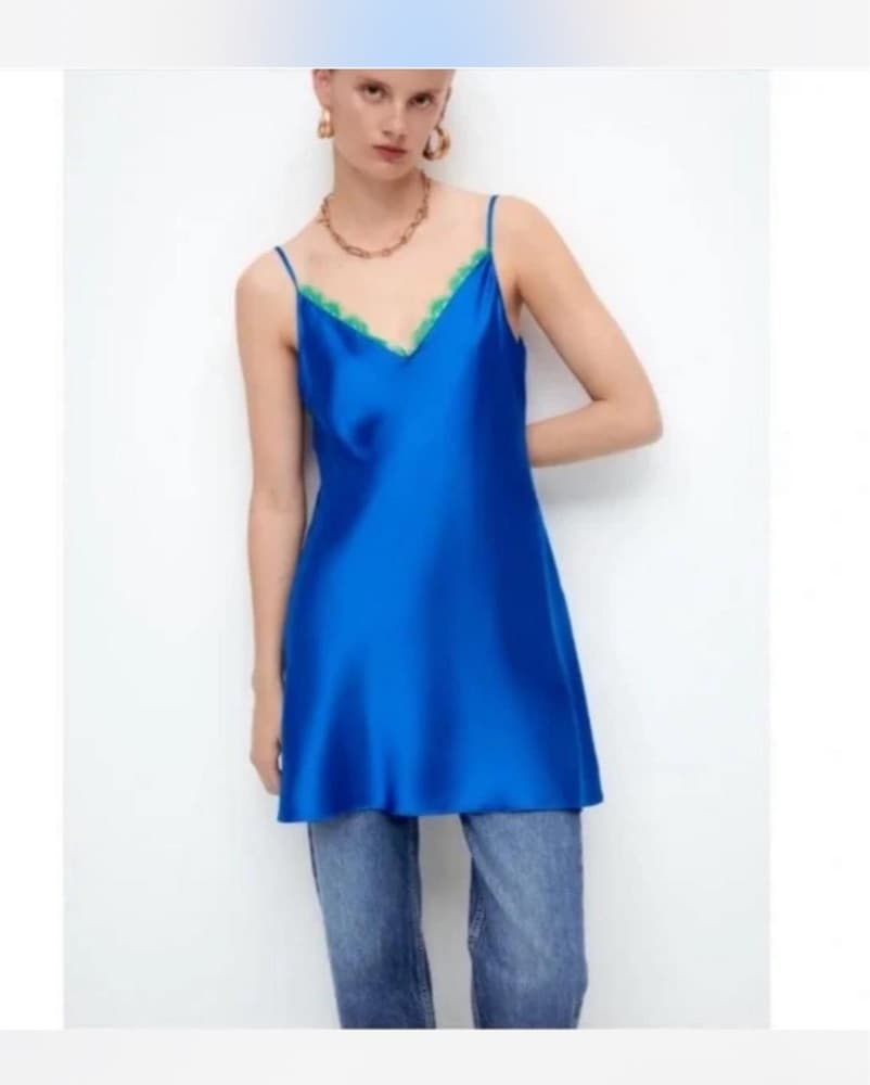 Blue Slip Mini w/ Lace Trim - Image 1
