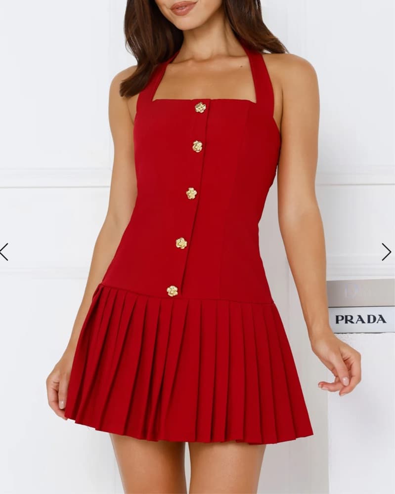 Red Halter Pleated Mini Dress - Image 2