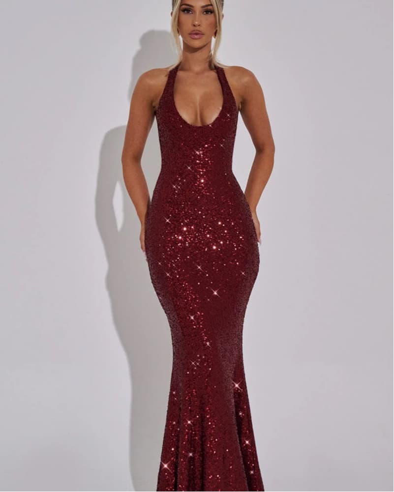 Stunning Burgundy Sequin Halter Gown - Image 1