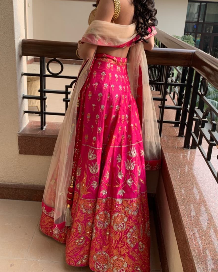 Pink Gold Embroidered Indian Lehenga - Image 1