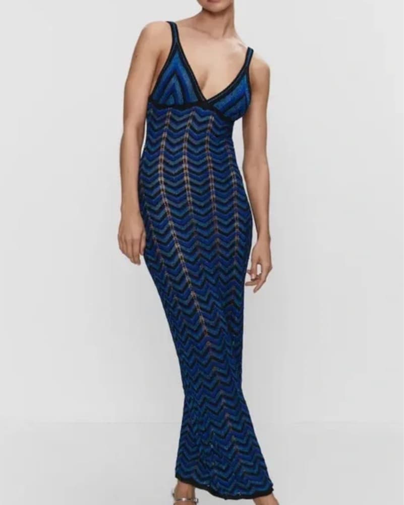 Mango Blue Metallic Chevron Knit Dress - Image 1