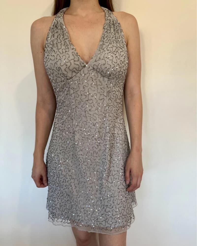 Silver Beaded Halter Y2K Party Dress - Image 2