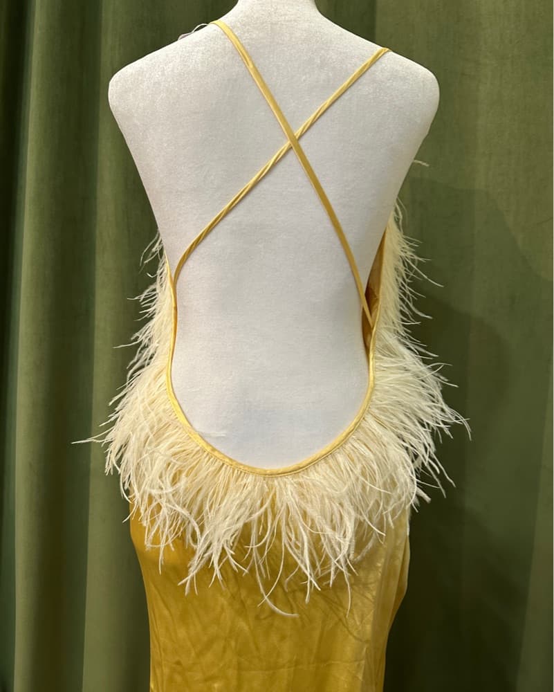 Elegant Feather-Trimmed Gold Gown - Image 2